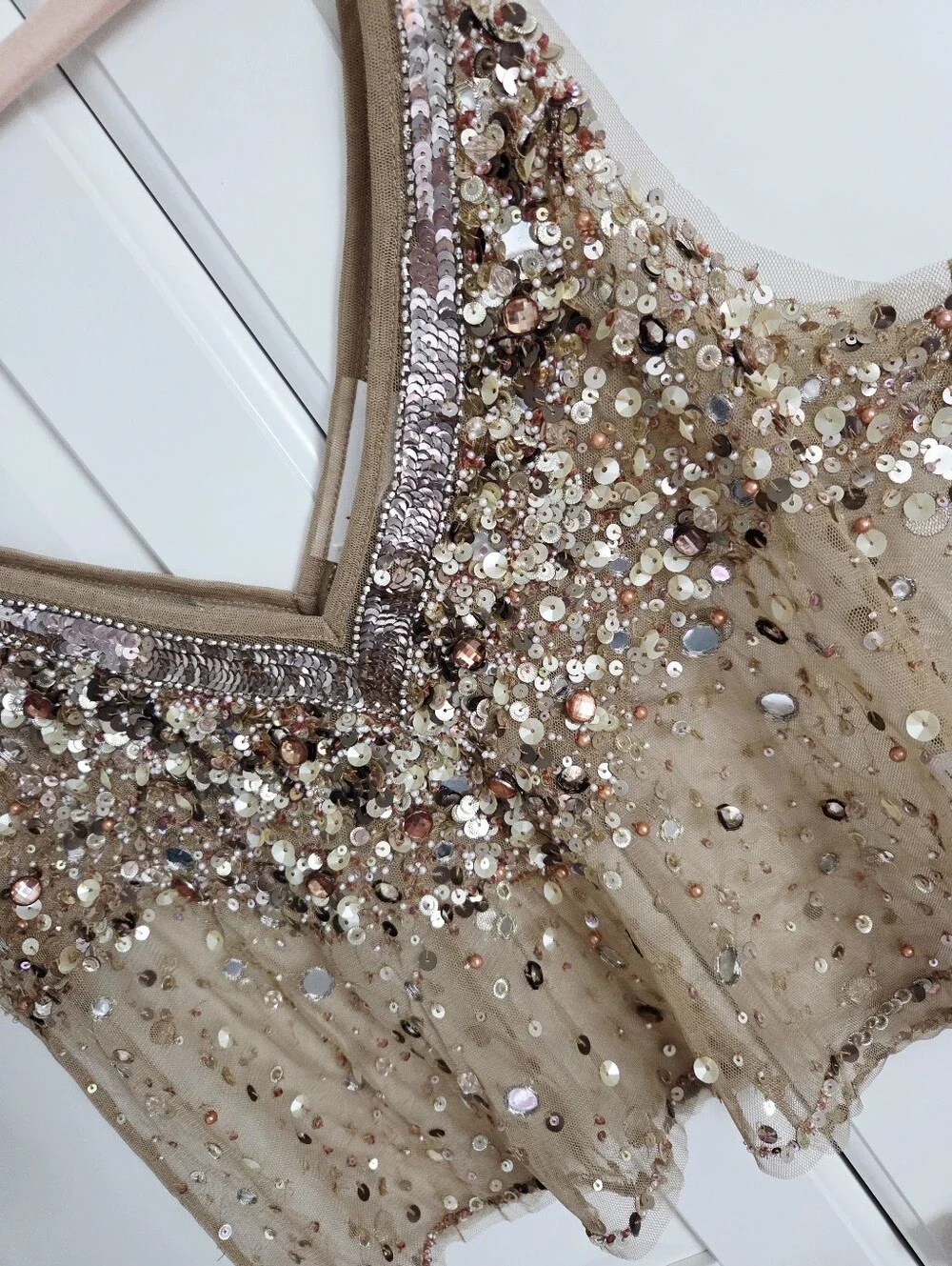 Anthropologie Sequin Embellished Nude-Beige V-Neck Camisole - Picture 6 of 13